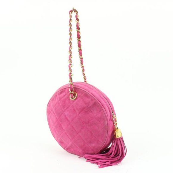 Chanel Hot Pink Quilted Suede Fringe Tassel Round Clutch on Chain88cz425s - Picture 2 of 12